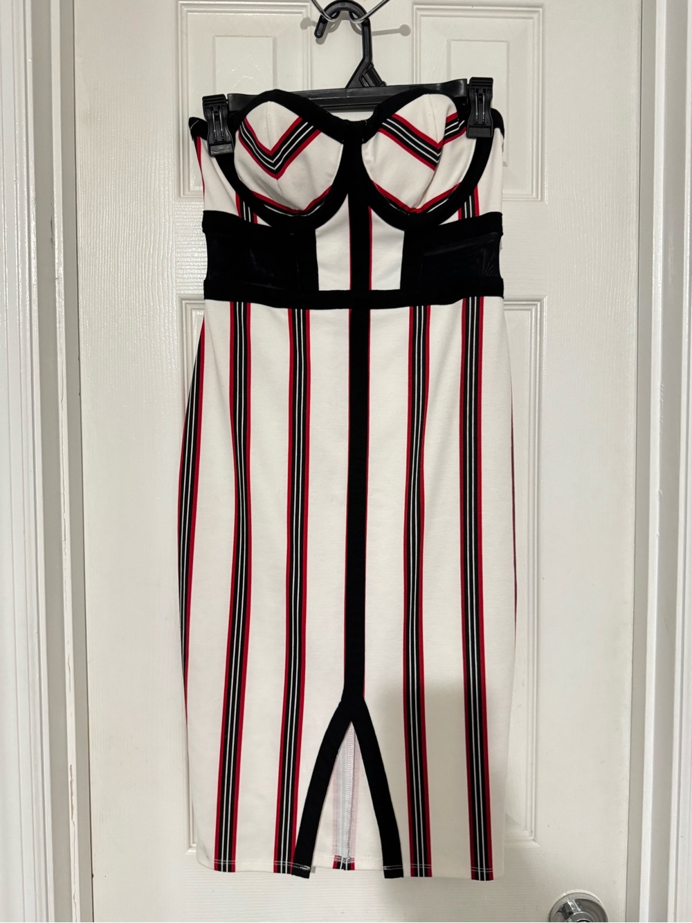 Material Girl Strapless Midi Dress in White, Black & Red Stripes